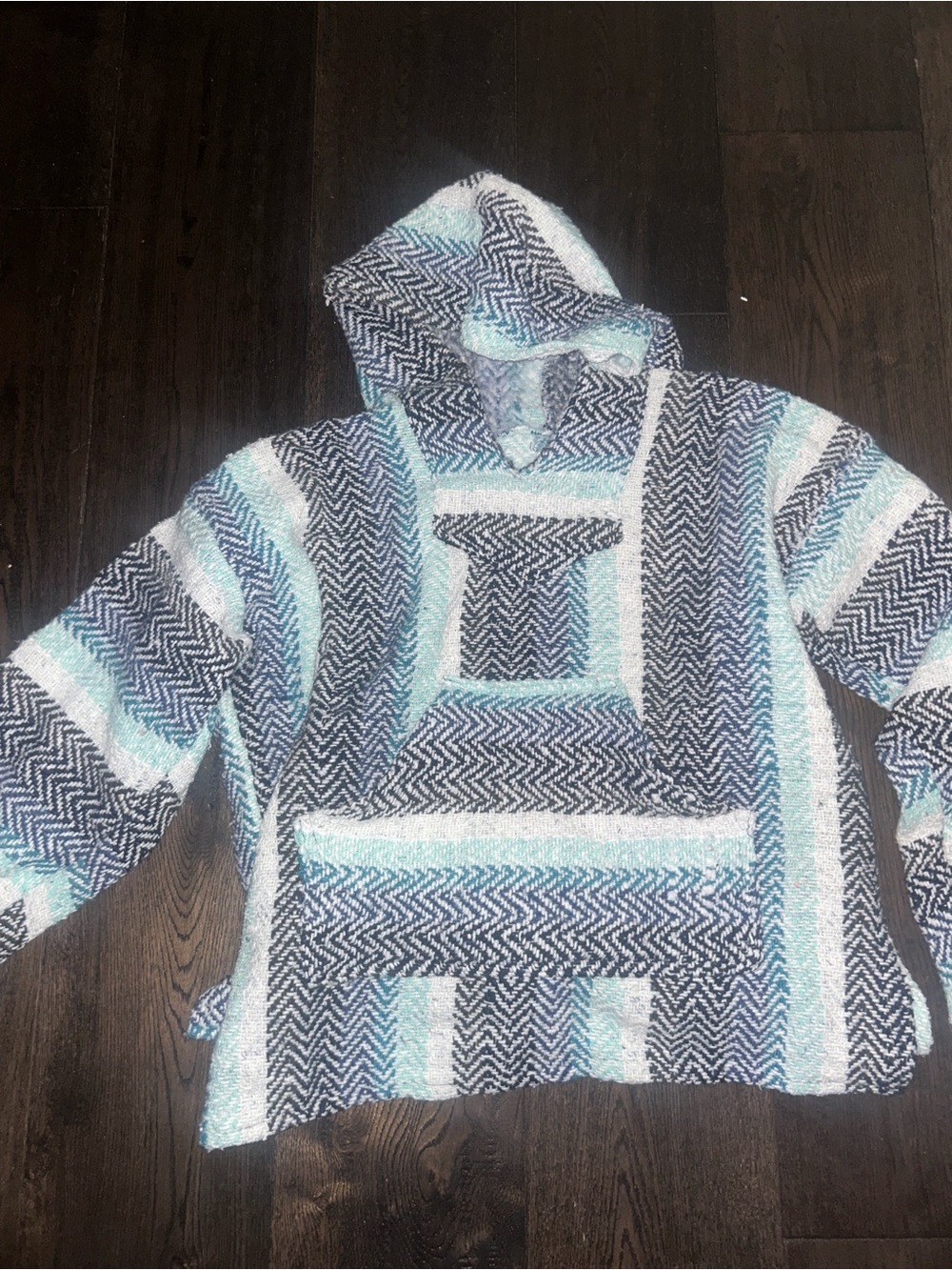 Striped Baja Hoodie in Black, White & Light Blue